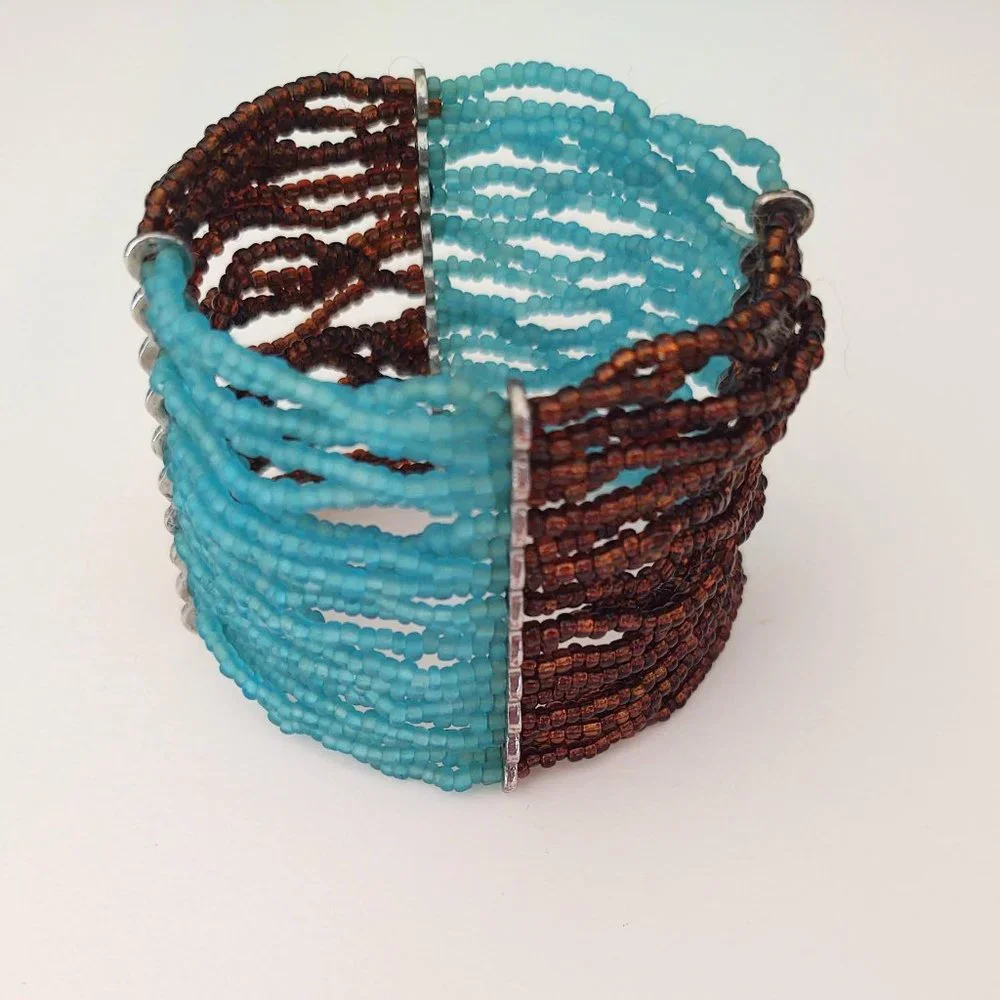 Blue and brown seed bead wide stretch bracelet